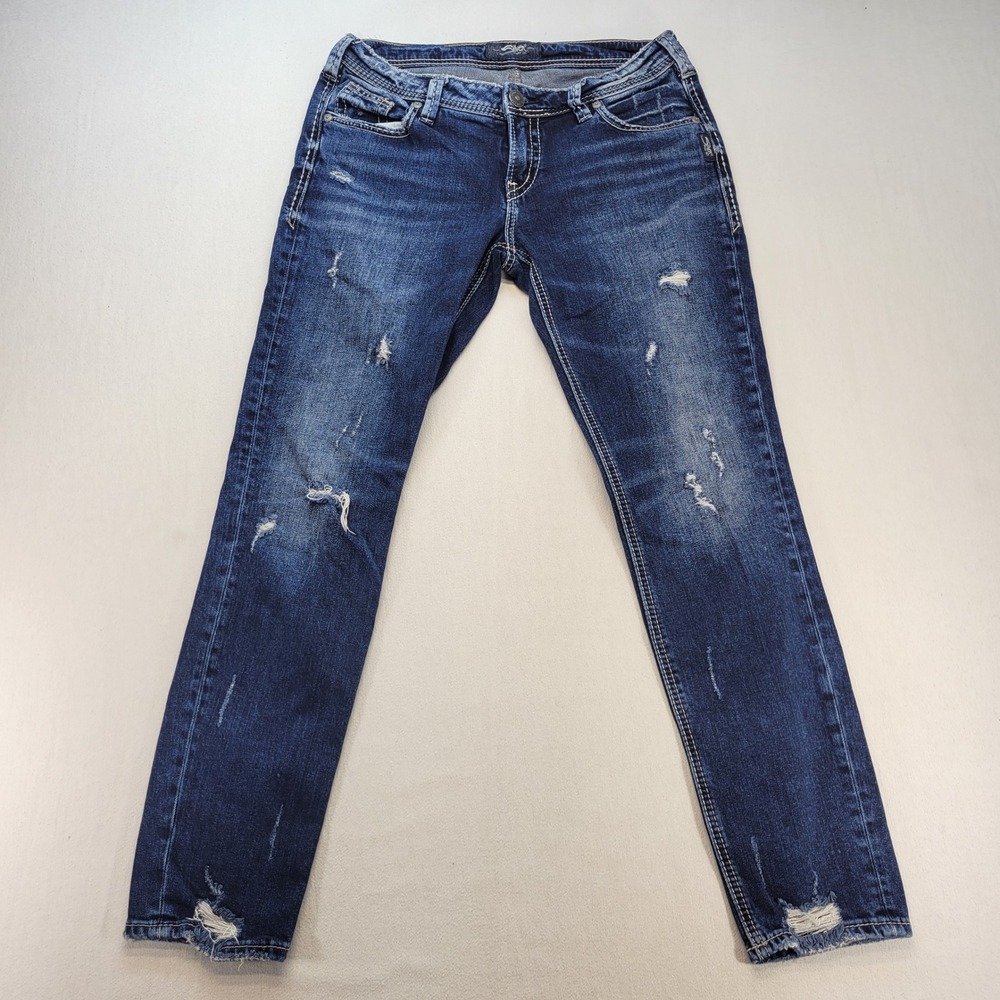 Silver Jeans Sam Jeans Womens 27 Blue Boyfriend Low Rise Distressed Dark Wash